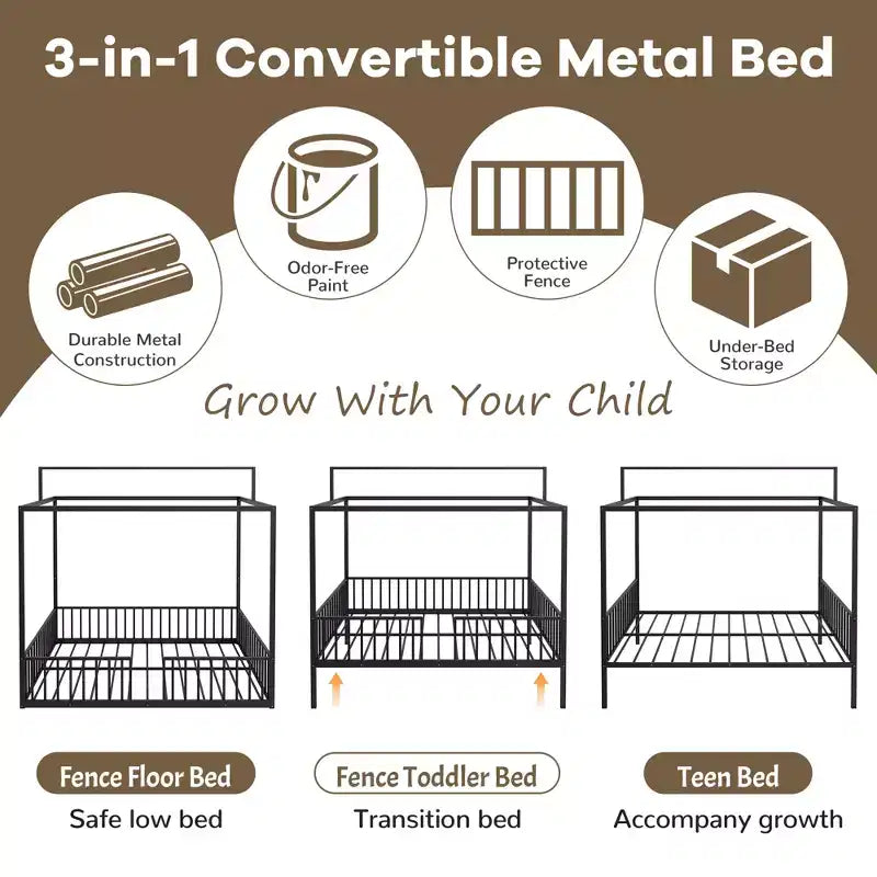 Lit de sol Montessori convertible 3-en-1 de taille jumelle/complète en métal, lit pour tout-petit clôturé, lit plateforme à baldaquin - ModernLuxe