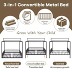 Lit de sol Montessori convertible 3-en-1 de taille jumelle/complète en métal, lit pour tout-petit clôturé, lit plateforme à baldaquin - ModernLuxe