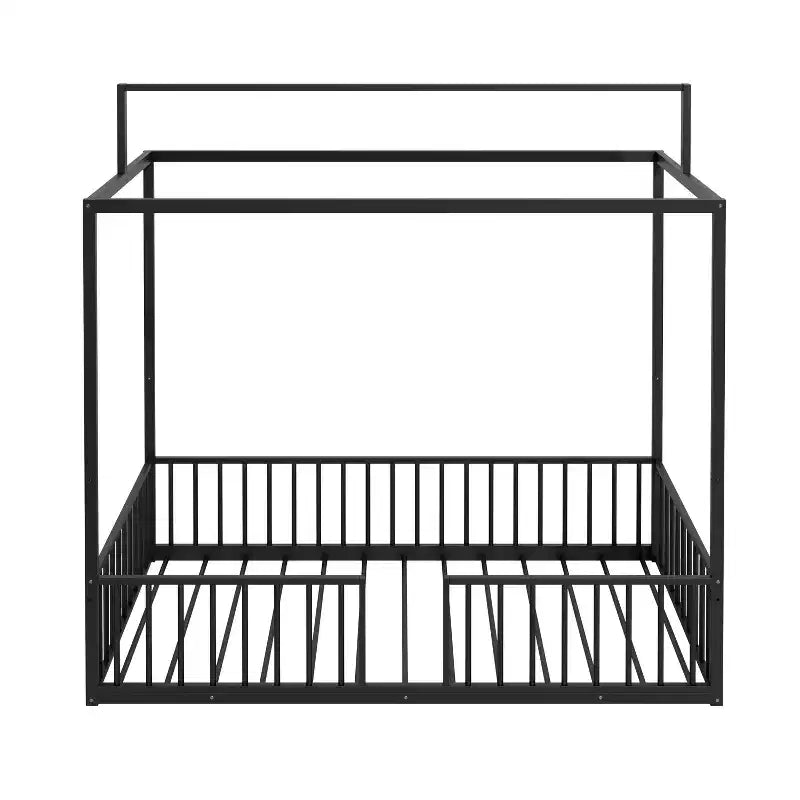 Lit de sol Montessori convertible 3-en-1 de taille jumelle/complète en métal, lit pour tout-petit clôturé, lit plateforme à baldaquin - ModernLuxe