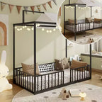 Twin/Full Size 3-in-1 Convertible Montessori Metal Floor Bed, Fenced Toddler Bed, Canopy Platform Bed - ModernLuxe