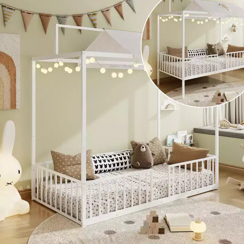 Lit de sol Montessori convertible 3-en-1 de taille jumelle/complète en métal, lit pour tout-petit clôturé, lit plateforme à baldaquin - ModernLuxe