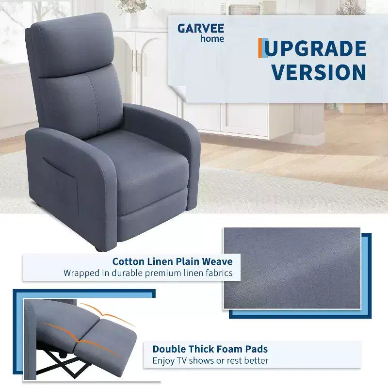 Fauteuil Inclinable Paresseux Garvee, Siège Unique, Réglable de 90 à 150°, Amélioré avec Poche Latérale, Accoudoirs Larges et Assise Rembourrée