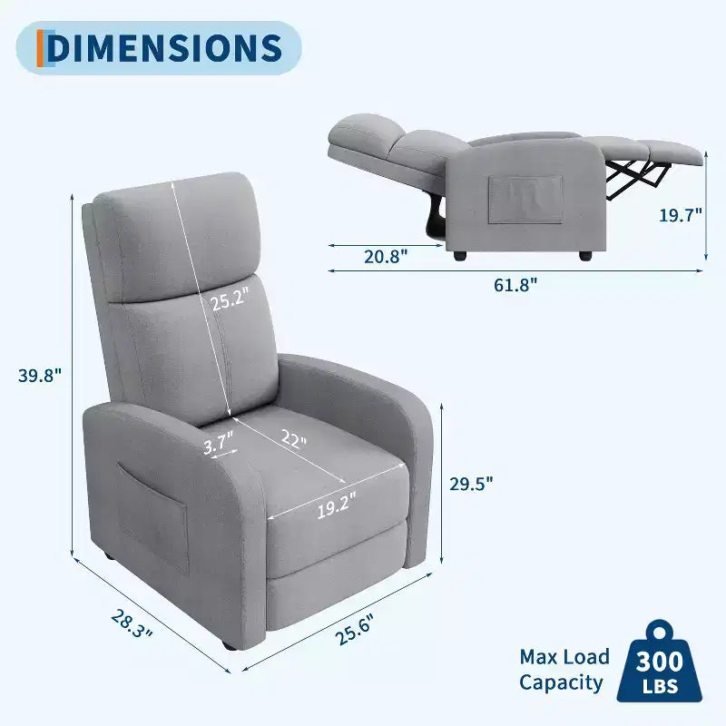 Fauteuil Inclinable Paresseux Garvee, Siège Unique, Réglable de 90 à 150°, Amélioré avec Poche Latérale, Accoudoirs Larges et Assise Rembourrée