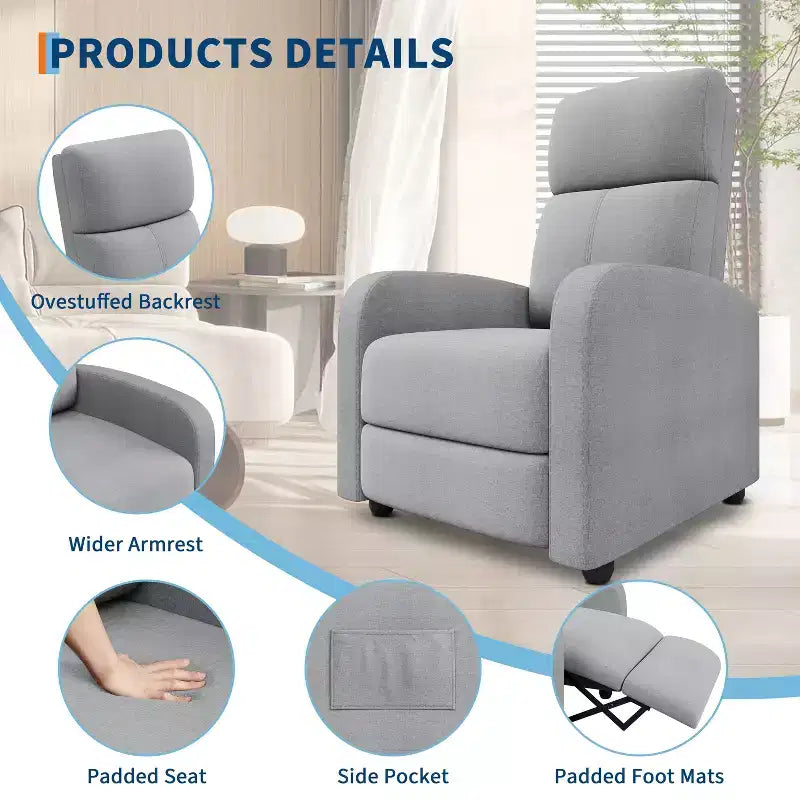 Fauteuil Inclinable Paresseux Garvee, Siège Unique, Réglable de 90 à 150°, Amélioré avec Poche Latérale, Accoudoirs Larges et Assise Rembourrée