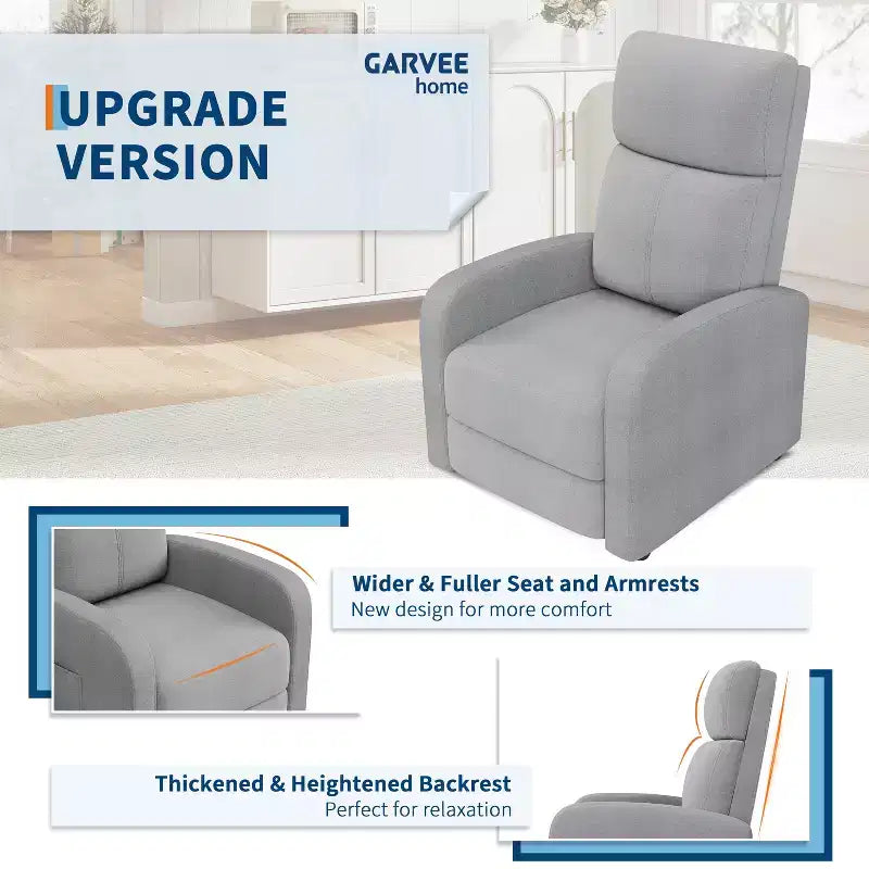 Fauteuil Inclinable Paresseux Garvee, Siège Unique, Réglable de 90 à 150°, Amélioré avec Poche Latérale, Accoudoirs Larges et Assise Rembourrée