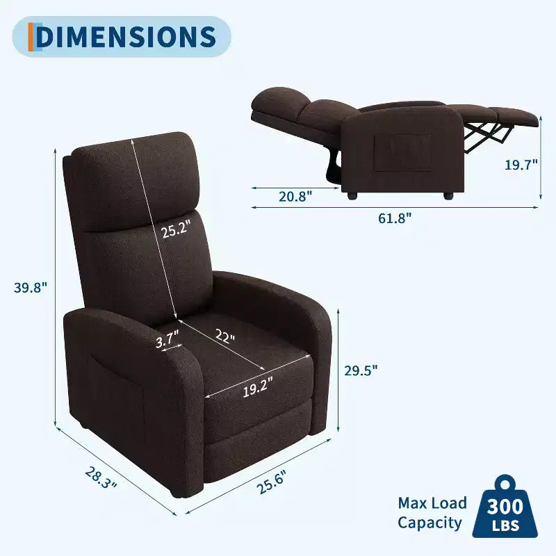 Fauteuil Inclinable Paresseux Garvee, Siège Unique, Réglable de 90 à 150°, Amélioré avec Poche Latérale, Accoudoirs Larges et Assise Rembourrée