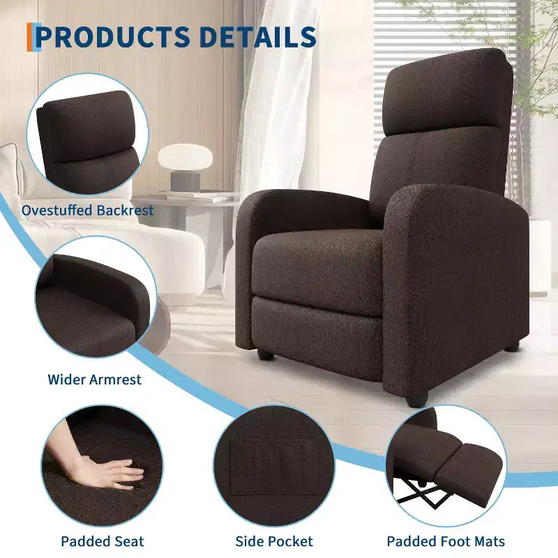 Fauteuil Inclinable Paresseux Garvee, Siège Unique, Réglable de 90 à 150°, Amélioré avec Poche Latérale, Accoudoirs Larges et Assise Rembourrée