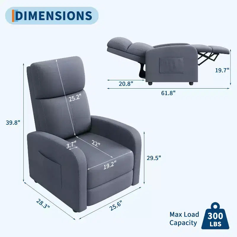 Fauteuil Inclinable Paresseux Garvee, Siège Unique, Réglable de 90 à 150°, Amélioré avec Poche Latérale, Accoudoirs Larges et Assise Rembourrée