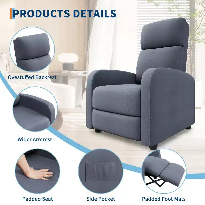 Fauteuil Inclinable Paresseux Garvee, Siège Unique, Réglable de 90 à 150°, Amélioré avec Poche Latérale, Accoudoirs Larges et Assise Rembourrée
