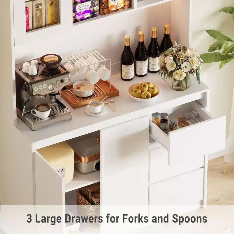 Meuble de cuisine haut de 180 cm avec porte vitrée, vaisselier de rangement de cuisine avec lumières LED et prises de courant, support pour micro-ondes, design sans poignée