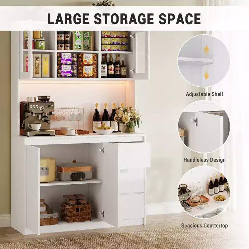 Meuble de cuisine haut de 180 cm avec porte vitrée, vaisselier de rangement de cuisine avec lumières LED et prises de courant, support pour micro-ondes, design sans poignée