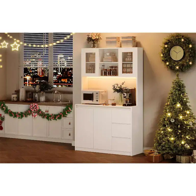 Meuble de cuisine haut de 180 cm avec porte vitrée, vaisselier de rangement de cuisine avec lumières LED et prises de courant, support pour micro-ondes, design sans poignée