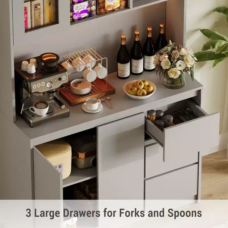 Meuble de cuisine haut de 180 cm avec porte vitrée, vaisselier de rangement de cuisine avec lumières LED et prises de courant, support pour micro-ondes, design sans poignée