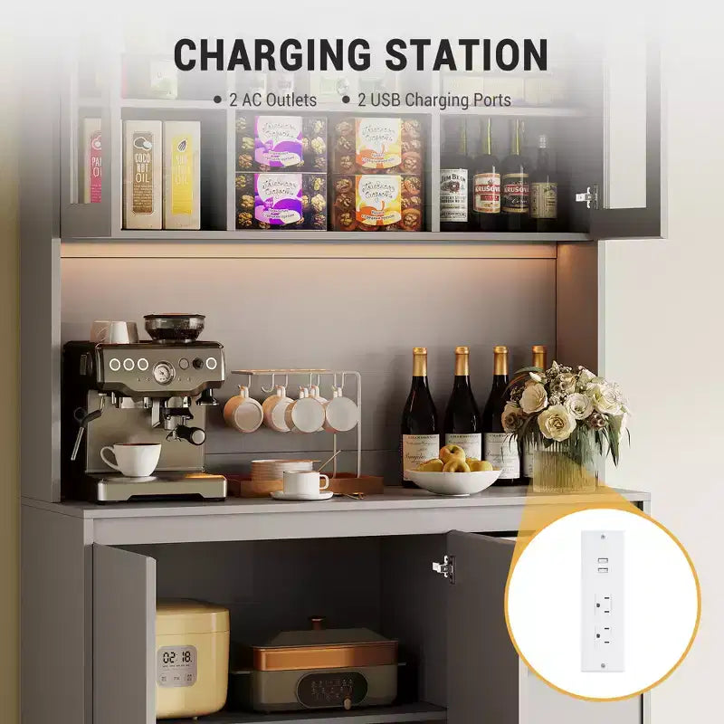 Meuble de cuisine haut de 180 cm avec porte vitrée, vaisselier de rangement de cuisine avec lumières LED et prises de courant, support pour micro-ondes, design sans poignée