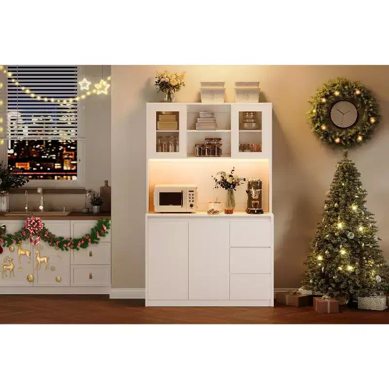 Meuble de cuisine haut de 180 cm avec porte vitrée, vaisselier de rangement de cuisine avec lumières LED et prises de courant, support pour micro-ondes, design sans poignée