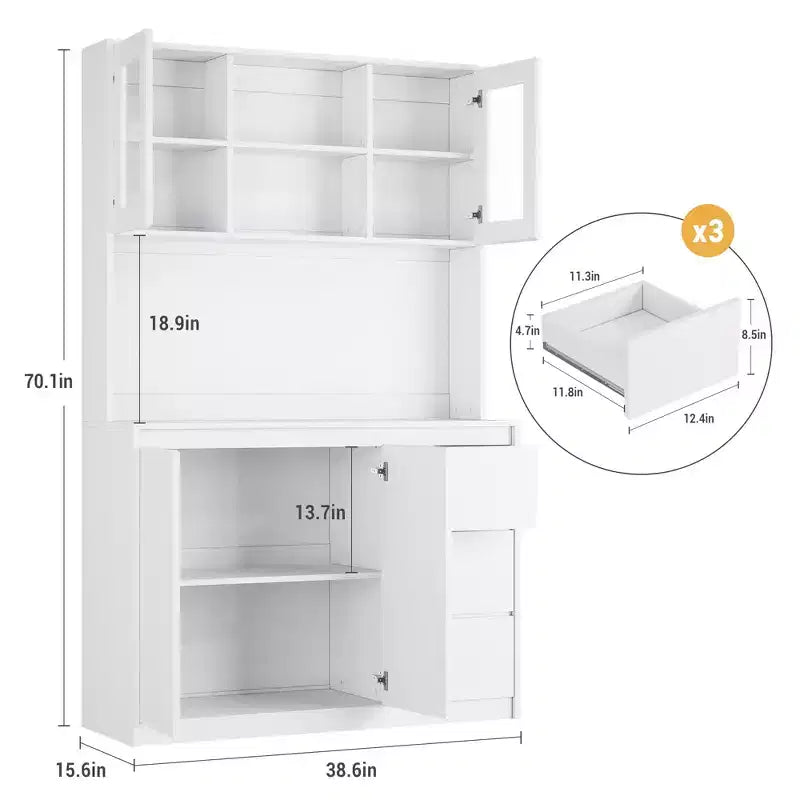 Meuble de cuisine haut de 180 cm avec porte vitrée, vaisselier de rangement de cuisine avec lumières LED et prises de courant, support pour micro-ondes, design sans poignée