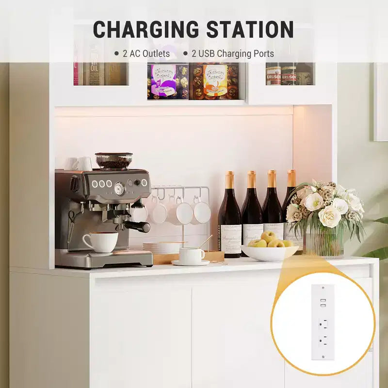 Meuble de cuisine haut de 180 cm avec porte vitrée, vaisselier de rangement de cuisine avec lumières LED et prises de courant, support pour micro-ondes, design sans poignée