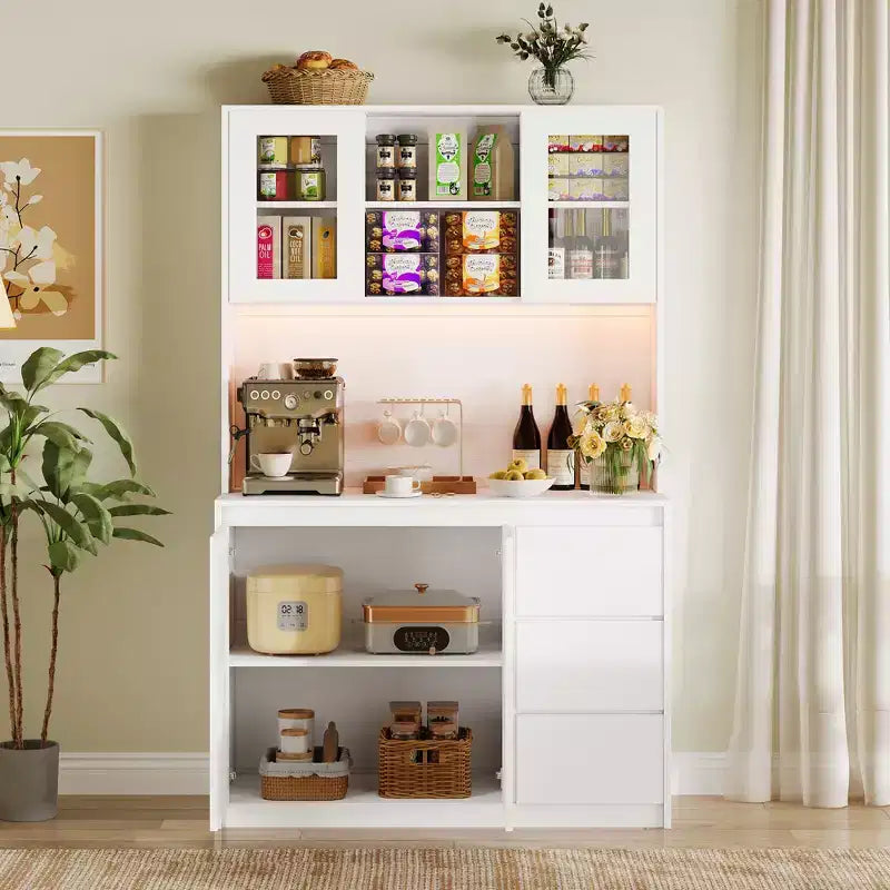 Meuble de cuisine haut de 180 cm avec porte vitrée, vaisselier de rangement de cuisine avec lumières LED et prises de courant, support pour micro-ondes, design sans poignée