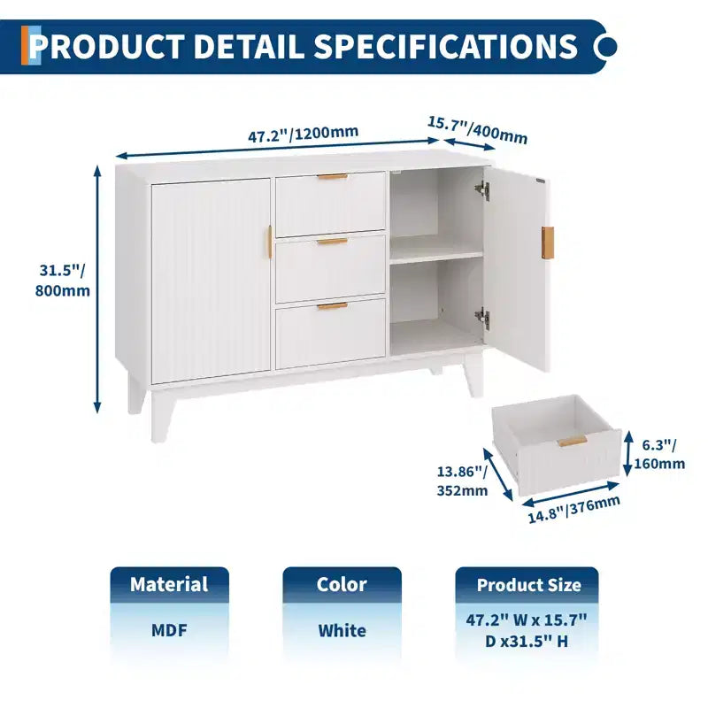 CuisinSmart 47.2 Bahut buffet moderne cannelé, Armoire de rangement en bois avec 3 tiroirs, 2 portes et étagères réglables pour salon et cuisine