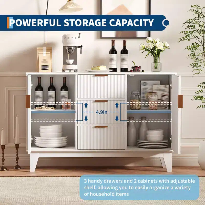 CuisinSmart 47.2 Bahut buffet moderne cannelé, Armoire de rangement en bois avec 3 tiroirs, 2 portes et étagères réglables pour salon et cuisine