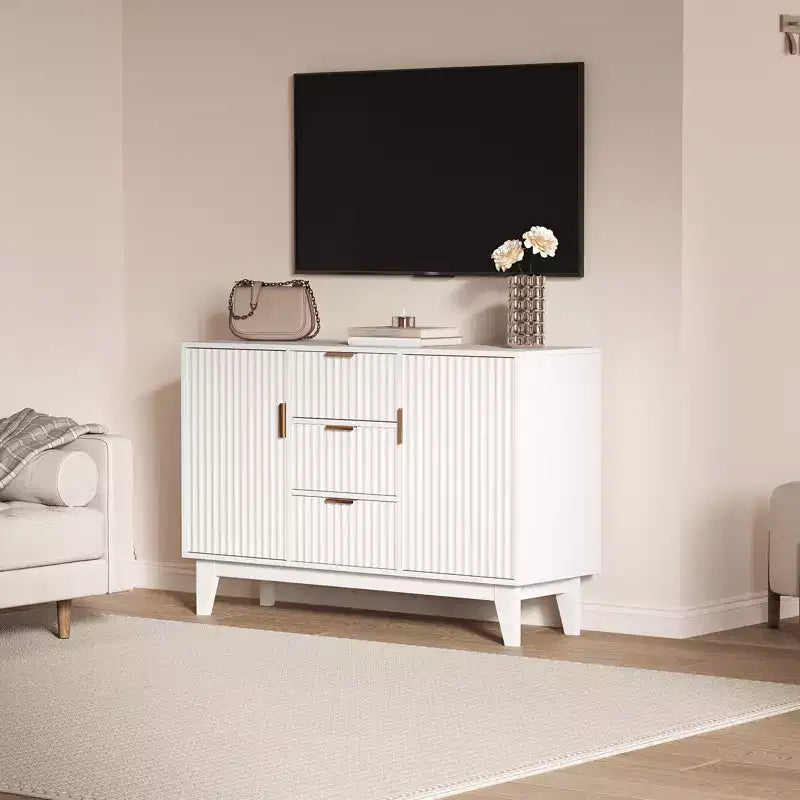 CuisinSmart 47.2 Bahut buffet moderne cannelé, Armoire de rangement en bois avec 3 tiroirs, 2 portes et étagères réglables pour salon et cuisine