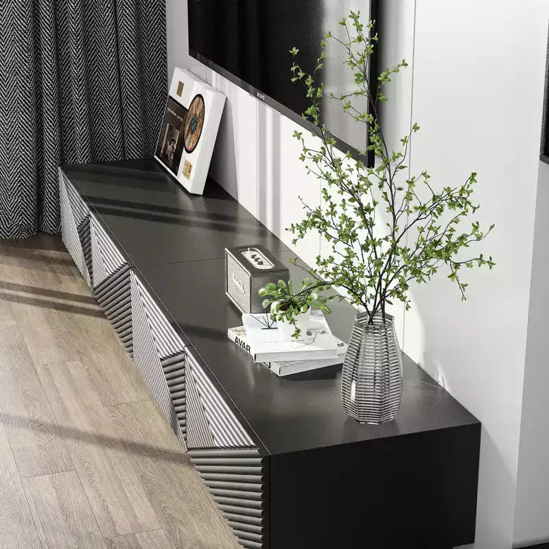 Meuble TV Famapy géométrique noir - motif, pour téléviseurs de 78 pouces, centre de divertissement moderne avec portes relevables, armoires de rangement pour votre salon