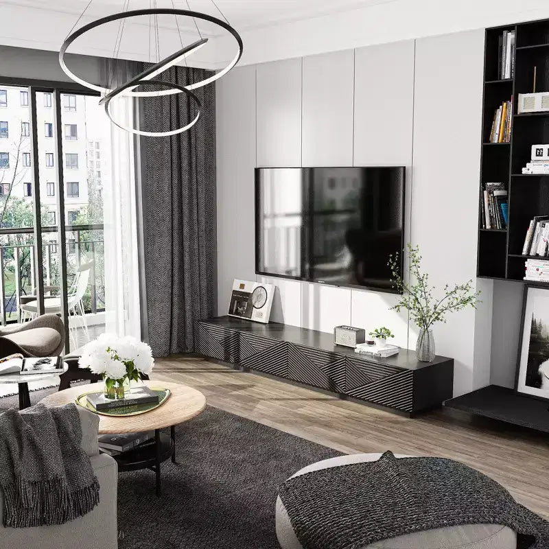 Meuble TV Famapy géométrique noir - motif, pour téléviseurs de 78 pouces, centre de divertissement moderne avec portes relevables, armoires de rangement pour votre salon