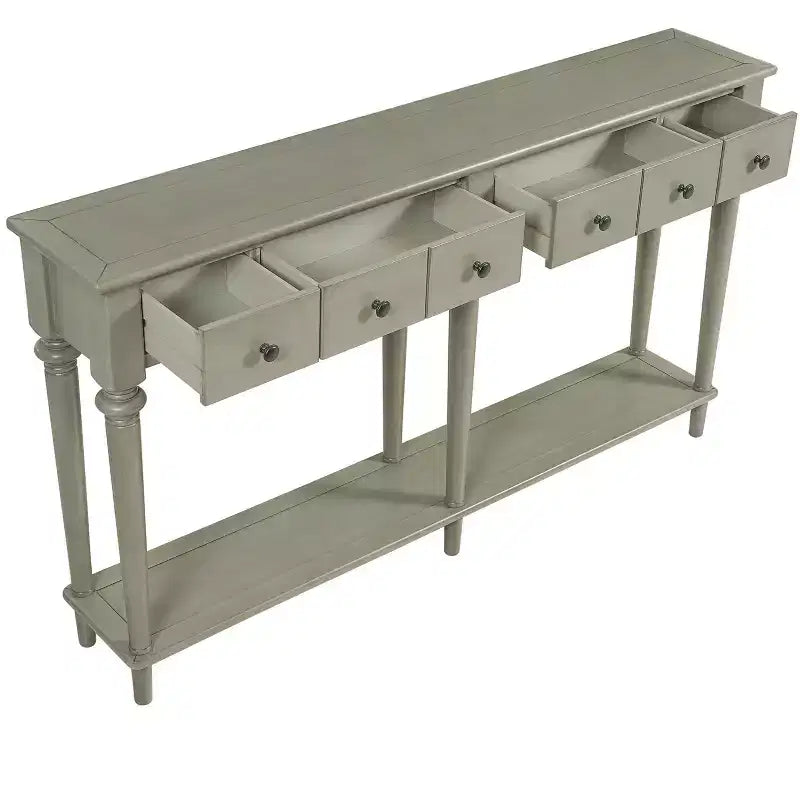 Okak 59.8IN Table d'entrée rétro avec 4 tiroirs, Console étroite avec étagères ouvertes, Table de couloir pour Salon, Foyer, Gris délavé