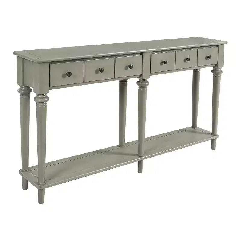 Okak 59.8IN Table d'entrée rétro avec 4 tiroirs, Console étroite avec étagères ouvertes, Table de couloir pour Salon, Foyer, Gris délavé