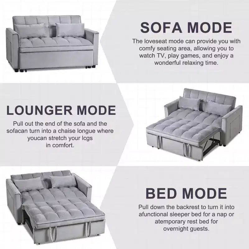 PexFix Canapé convertible 3 en 1, canapé-lit extractible, dossier réglable, velours, avec oreillers pour salon, appartement, gris