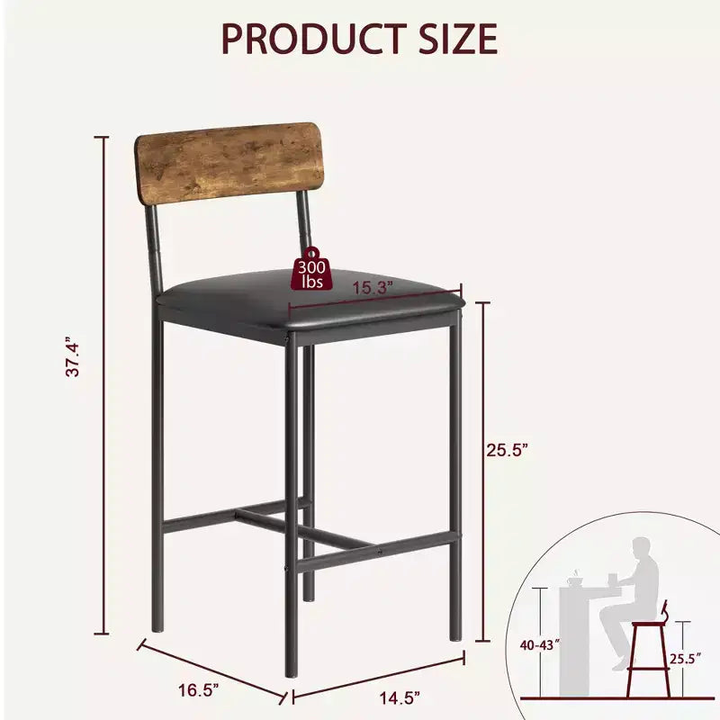 Tabourets de Bar Lot de 2, Tabourets de Bar de Cuisine avec Repose-Pieds, Chaises de Bar Rembourrées de 65 cm avec Dossier, 2 Tabourets de Bar Hauteur Comptoir pour Bar de Comptoir