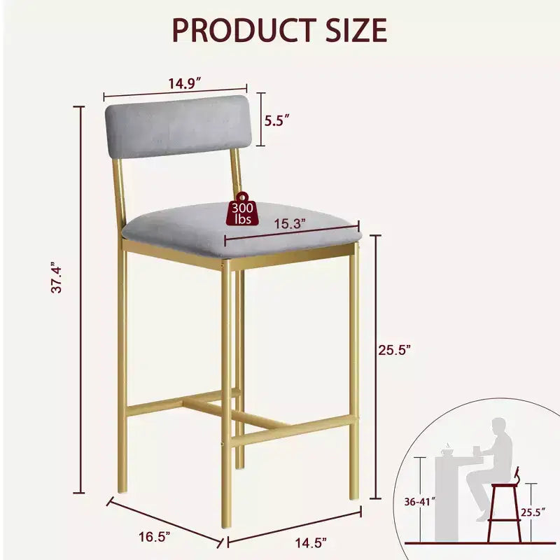Tabourets de Bar Lot de 2, Tabourets de Bar de Cuisine avec Repose-Pieds, Chaises de Bar Rembourrées de 65 cm avec Dossier, 2 Tabourets de Bar Hauteur Comptoir pour Bar de Comptoir
