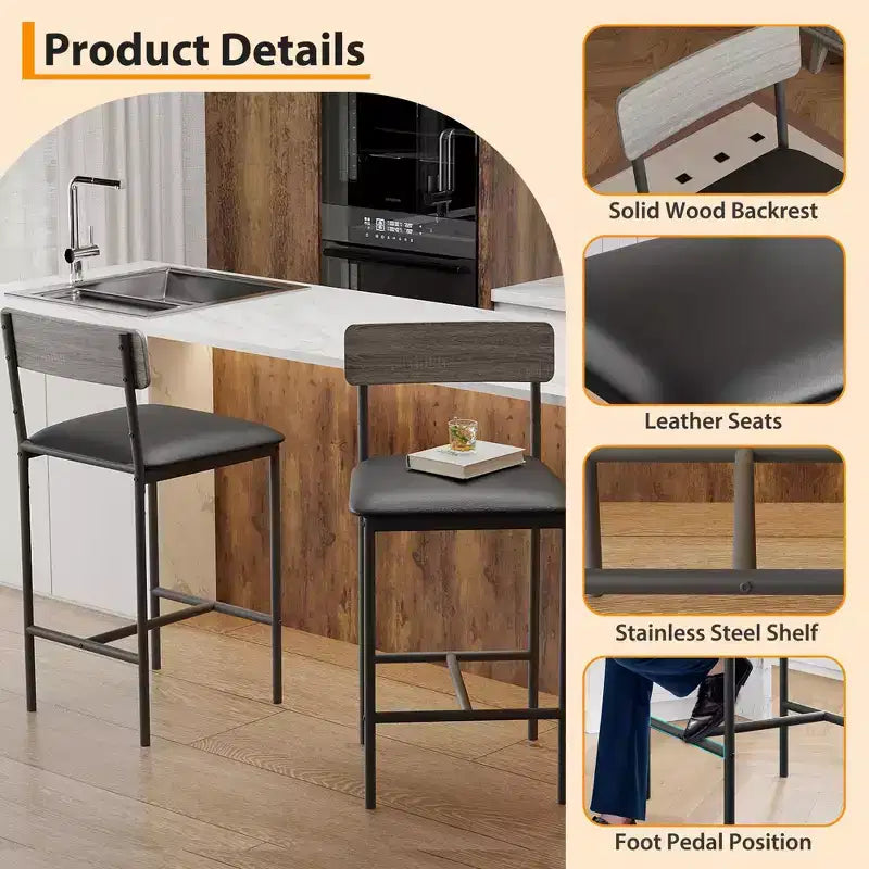 Tabourets de Bar Lot de 2, Tabourets de Bar de Cuisine avec Repose-Pieds, Chaises de Bar Rembourrées de 65 cm avec Dossier, 2 Tabourets de Bar Hauteur Comptoir pour Bar de Comptoir