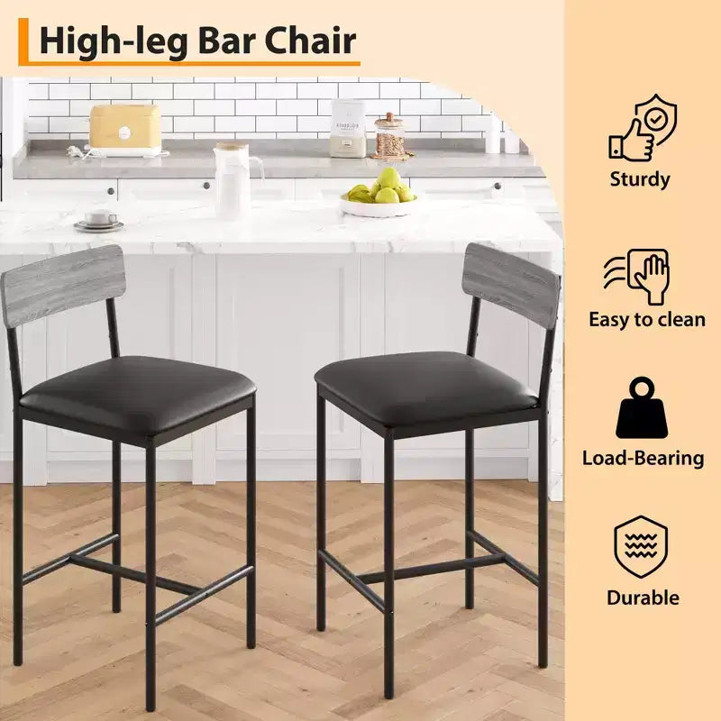 Tabourets de Bar Lot de 2, Tabourets de Bar de Cuisine avec Repose-Pieds, Chaises de Bar Rembourrées de 65 cm avec Dossier, 2 Tabourets de Bar Hauteur Comptoir pour Bar de Comptoir