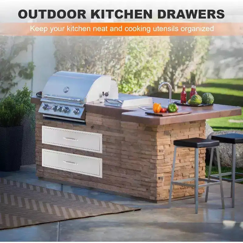 Tiroir de cuisine d'extérieur Acekool 30 L x 23 H x 10 P, commode encastrable à 2 tiroirs en acier inoxydable pour îlot de barbecue, station de grillades de patio, argent