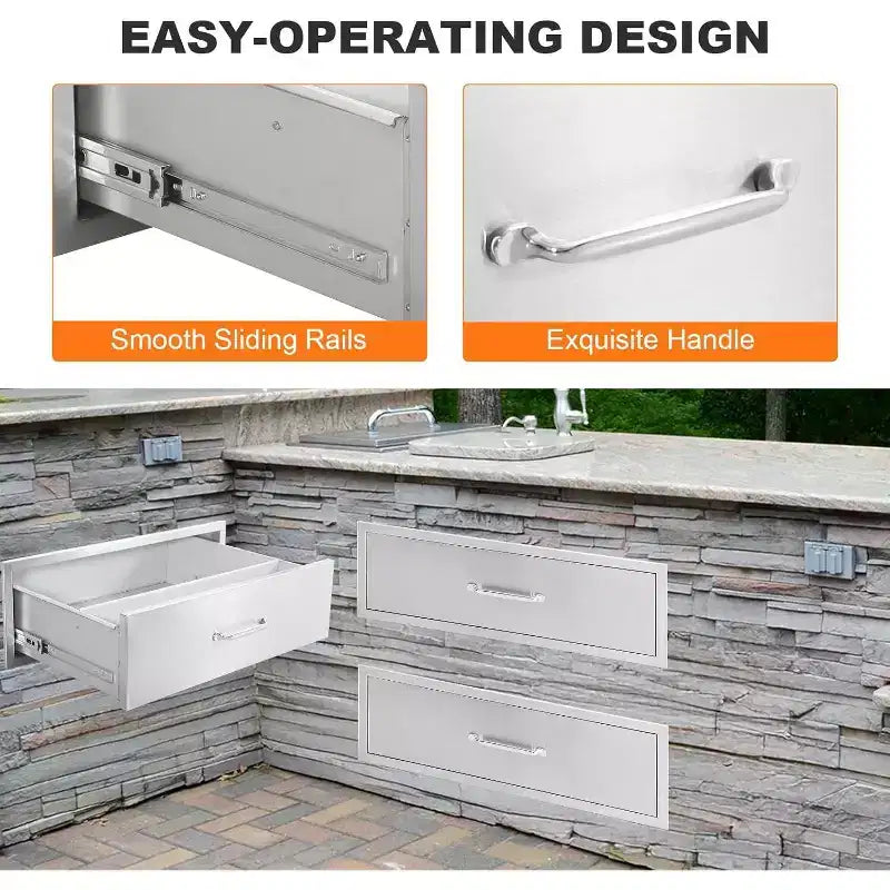 Tiroir de cuisine d'extérieur Acekool 30 L x 23 H x 10 P, commode encastrable à 2 tiroirs en acier inoxydable pour îlot de barbecue, station de grillades de patio, argent