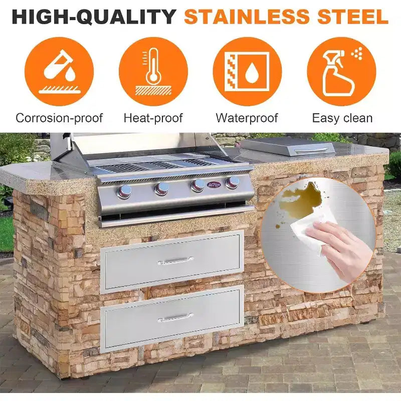 Tiroir de cuisine d'extérieur Acekool 30 L x 23 H x 10 P, commode encastrable à 2 tiroirs en acier inoxydable pour îlot de barbecue, station de grillades de patio, argent