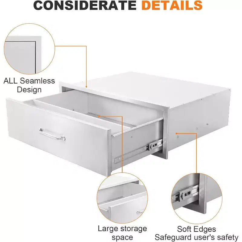 Tiroir de cuisine d'extérieur Acekool 30 L x 23 H x 10 P, commode encastrable à 2 tiroirs en acier inoxydable pour îlot de barbecue, station de grillades de patio, argent