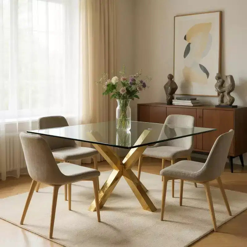 Table de salle à manger carrée HomeRoots 60 avec plateau en verre transparent et or et piètement en métal en croix