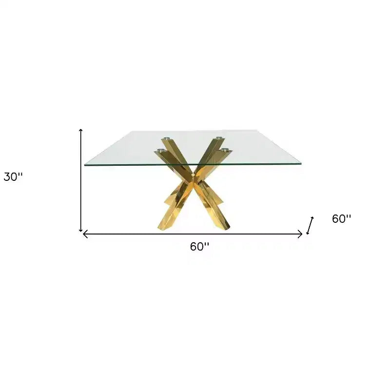 Table de salle à manger carrée HomeRoots 60 avec plateau en verre transparent et or et piètement en métal en croix