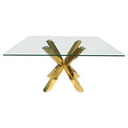 Table de salle à manger carrée HomeRoots 60 avec plateau en verre transparent et or et piètement en métal en croix