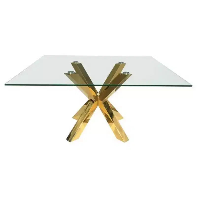 Table de salle à manger carrée HomeRoots 60 avec plateau en verre transparent et or et piètement en métal en croix