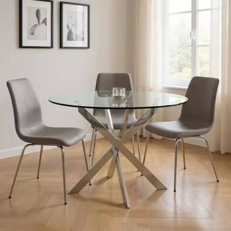 Table de salle à manger HomeRoots 48 avec plateau rond en verre transparent et piétement en métal argenté croisé
