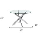 Table de salle à manger HomeRoots 48 avec plateau rond en verre transparent et piétement en métal argenté croisé