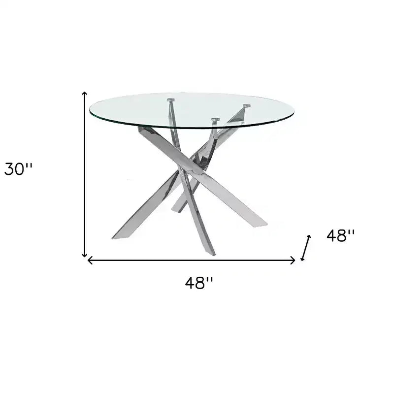 Table de salle à manger HomeRoots 48 avec plateau rond en verre transparent et piétement en métal argenté croisé