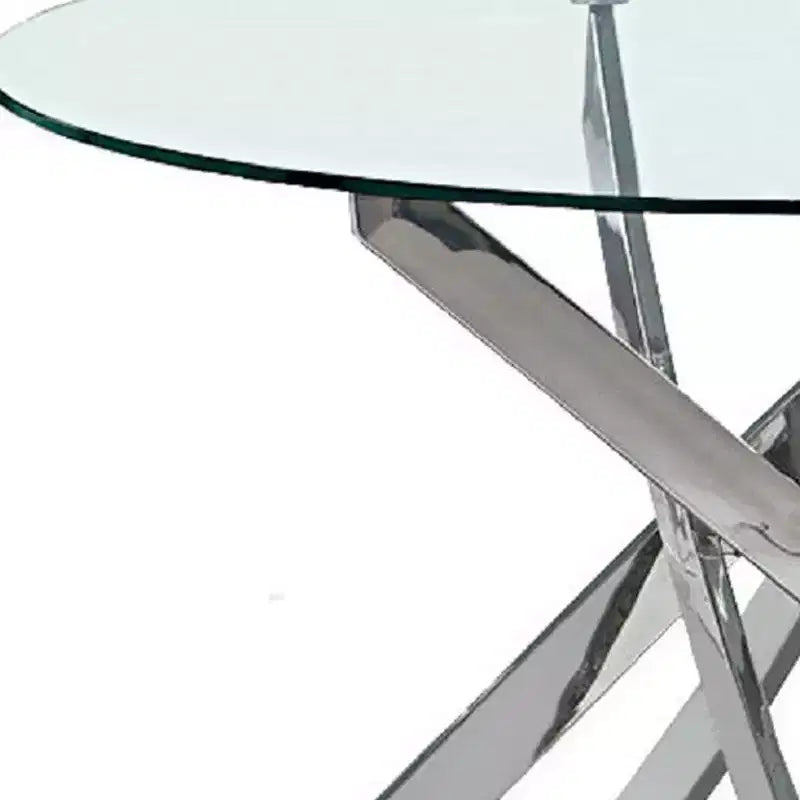 Table de salle à manger HomeRoots 48 avec plateau rond en verre transparent et piétement en métal argenté croisé