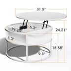Table basse avec plateau relevable et rangement caché, table centrale ronde pour salon