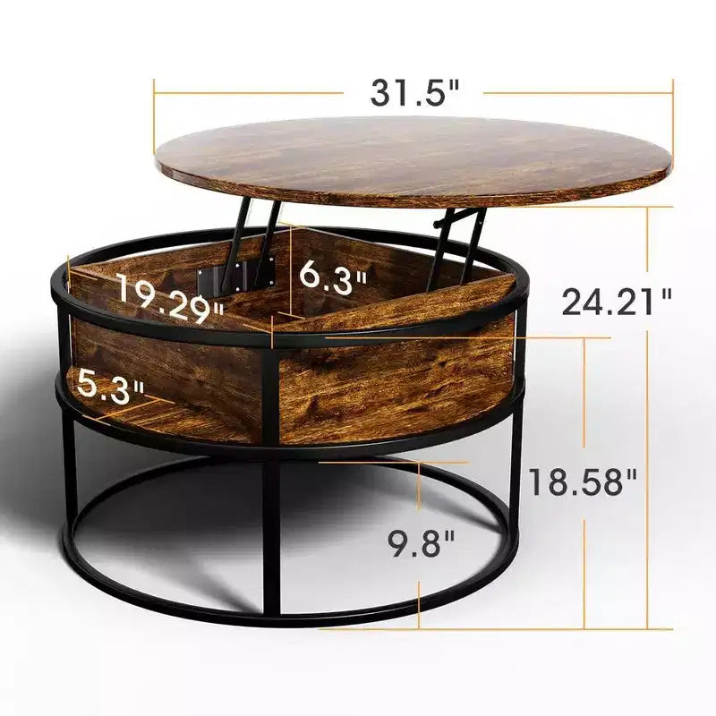 Table basse avec plateau relevable et rangement caché, table centrale ronde pour salon