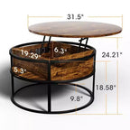 Table basse avec plateau relevable et rangement caché, table centrale ronde pour salon