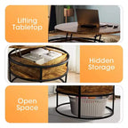 Table basse avec plateau relevable et rangement caché, table centrale ronde pour salon